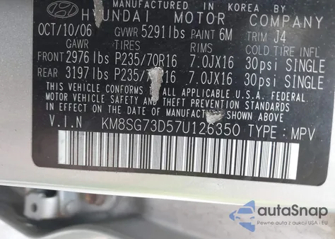 2007 Hyundai Santa Fe Gls from USA, damaged, VIN KM8SG73D57U126350